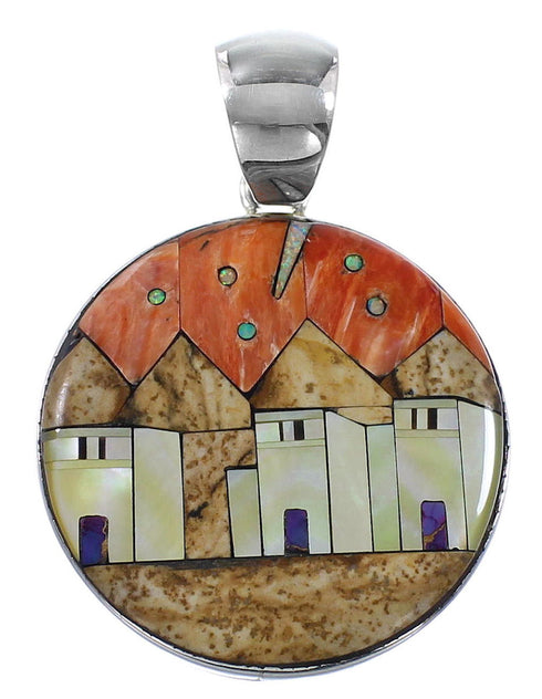 Multicolor Native American Village Design Silver Pendant YS62867